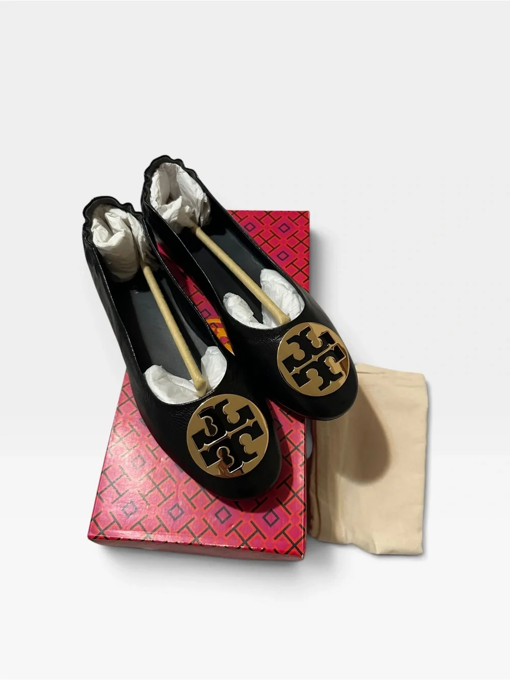 Tory Burch Claire Ballet Flats Black Leather Gold Logo NIB Size 9.5